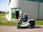 Amy test driving a mower